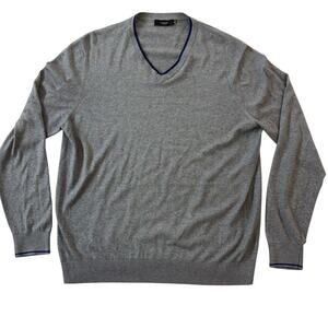 Kinross Cashmere Mens XL Gray V Neck Pullover Sweater Blue Trim Contrast Accent